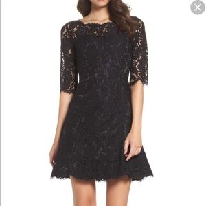 ELIZA J Illusion Elbow Sleeve Lace Fit Flare Dress